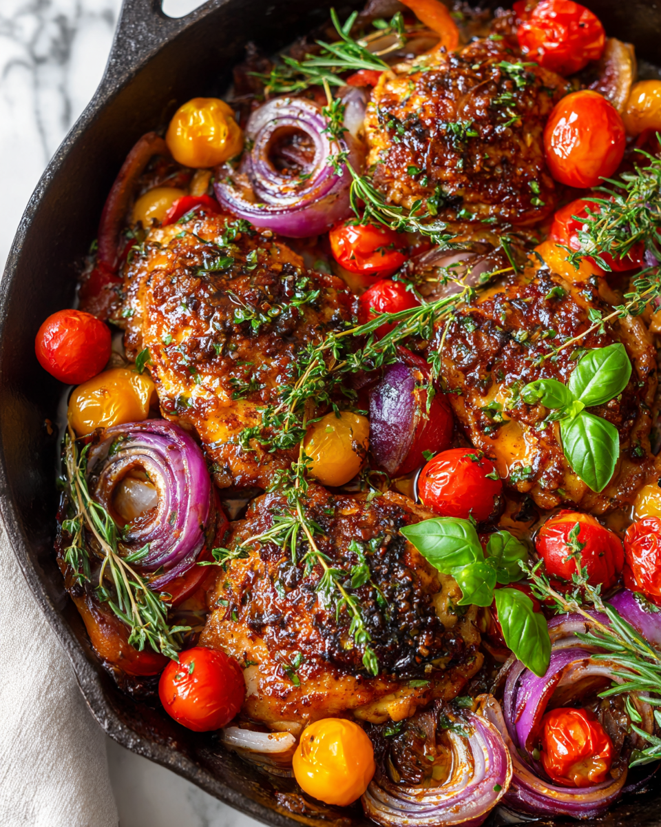 One-Pan Balsamic Chicken with vibrant vegetables, perfect for holiday gatherings, recipe for easy family meals