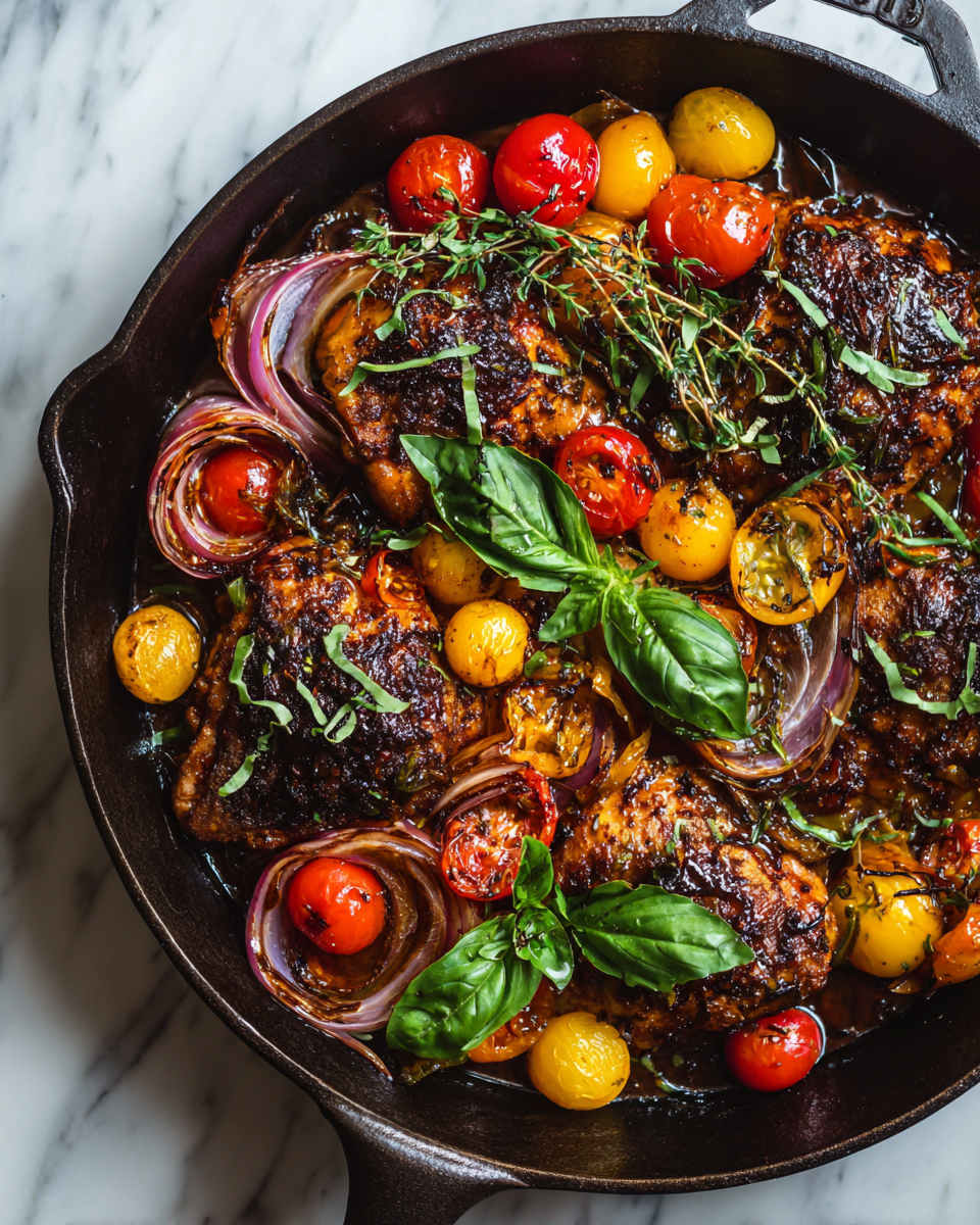 One-Pan Balsamic Chicken with vibrant vegetables, perfect for holiday gatherings, recipe for easy family meals