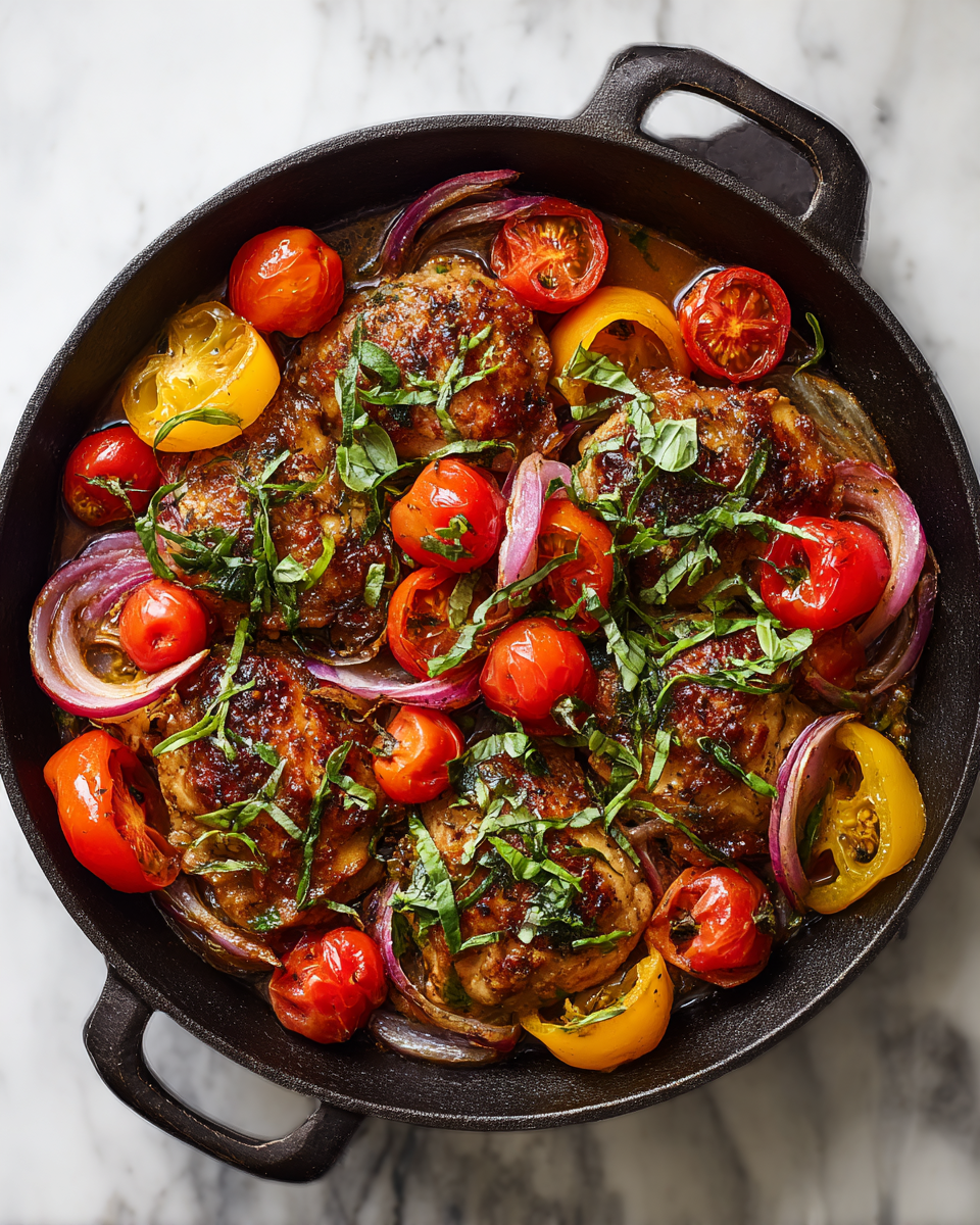 One-Pan Balsamic Chicken with vibrant vegetables, perfect for holiday gatherings, recipe for easy family meals