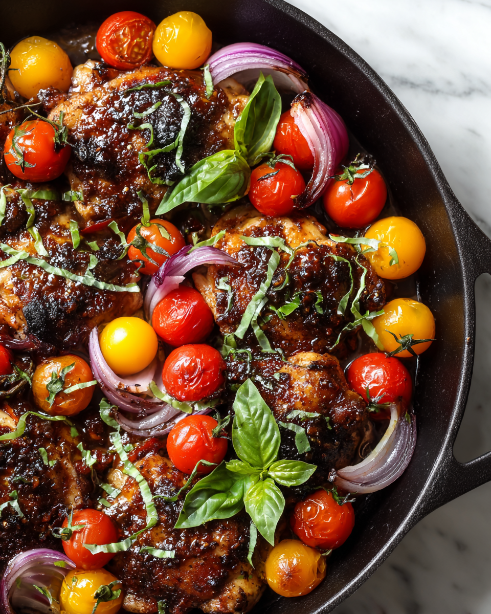 One-Pan Balsamic Chicken with vibrant vegetables, perfect for holiday gatherings, recipe for easy family meals