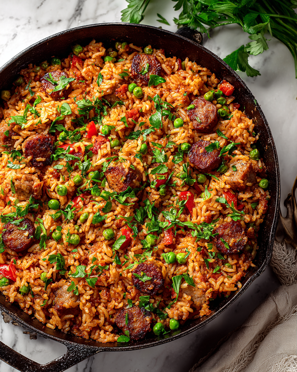 One-Pot Sausage and Rice dish, perfect for easy family dinners, featuring Italian sausage, rice, and vegetables, ready in just 40 minutes.