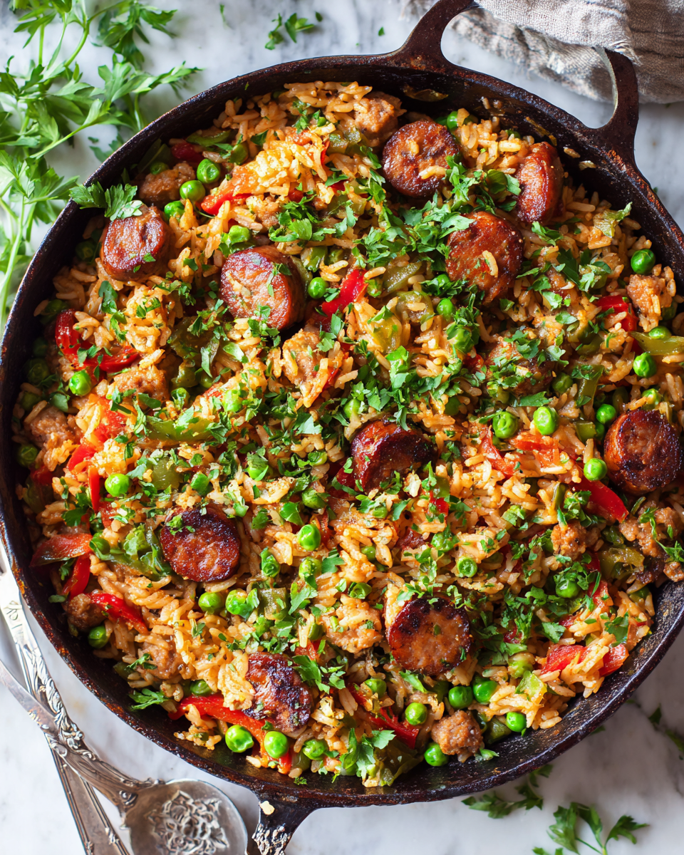 One-Pot Sausage and Rice for Cozy Nights One-Pot Sausage and Rice dish, perfect for easy family dinners, featuring Italian sausage, rice, and vegetables, ready in just 40 minutes.