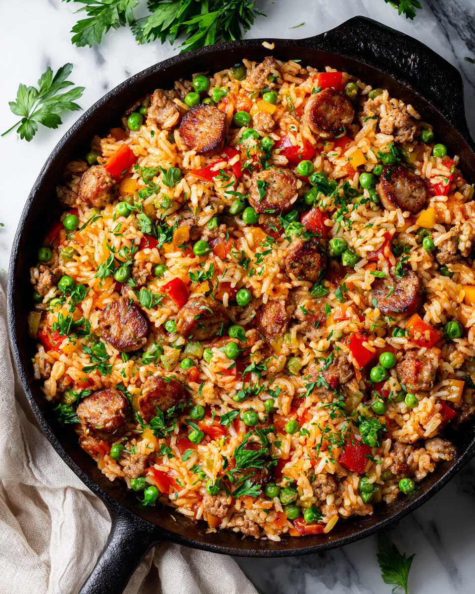 One-Pot Sausage and Rice for Cozy Nights One-Pot Sausage and Rice dish, perfect for easy family dinners, featuring Italian sausage, rice, and vegetables, ready in just 40 minutes.