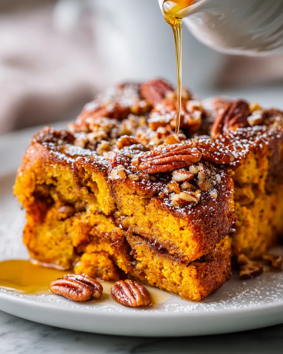 Overnight Pumpkin French Toast Casserole recipe with creamy pumpkin flavor and warm spices, ideal for brunch.