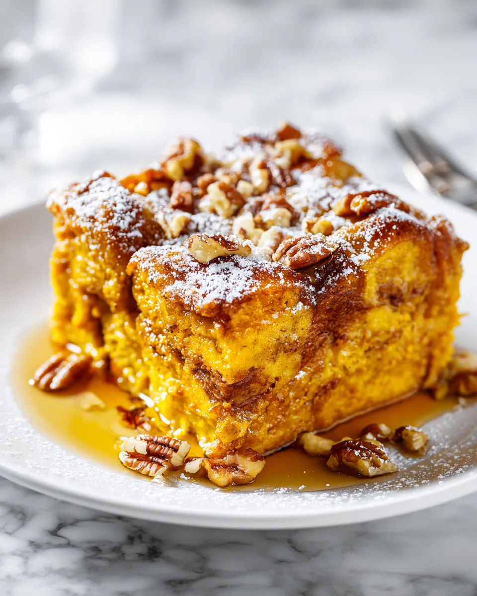 Overnight Pumpkin French Toast Casserole recipe with creamy pumpkin flavor and warm spices, ideal for brunch.