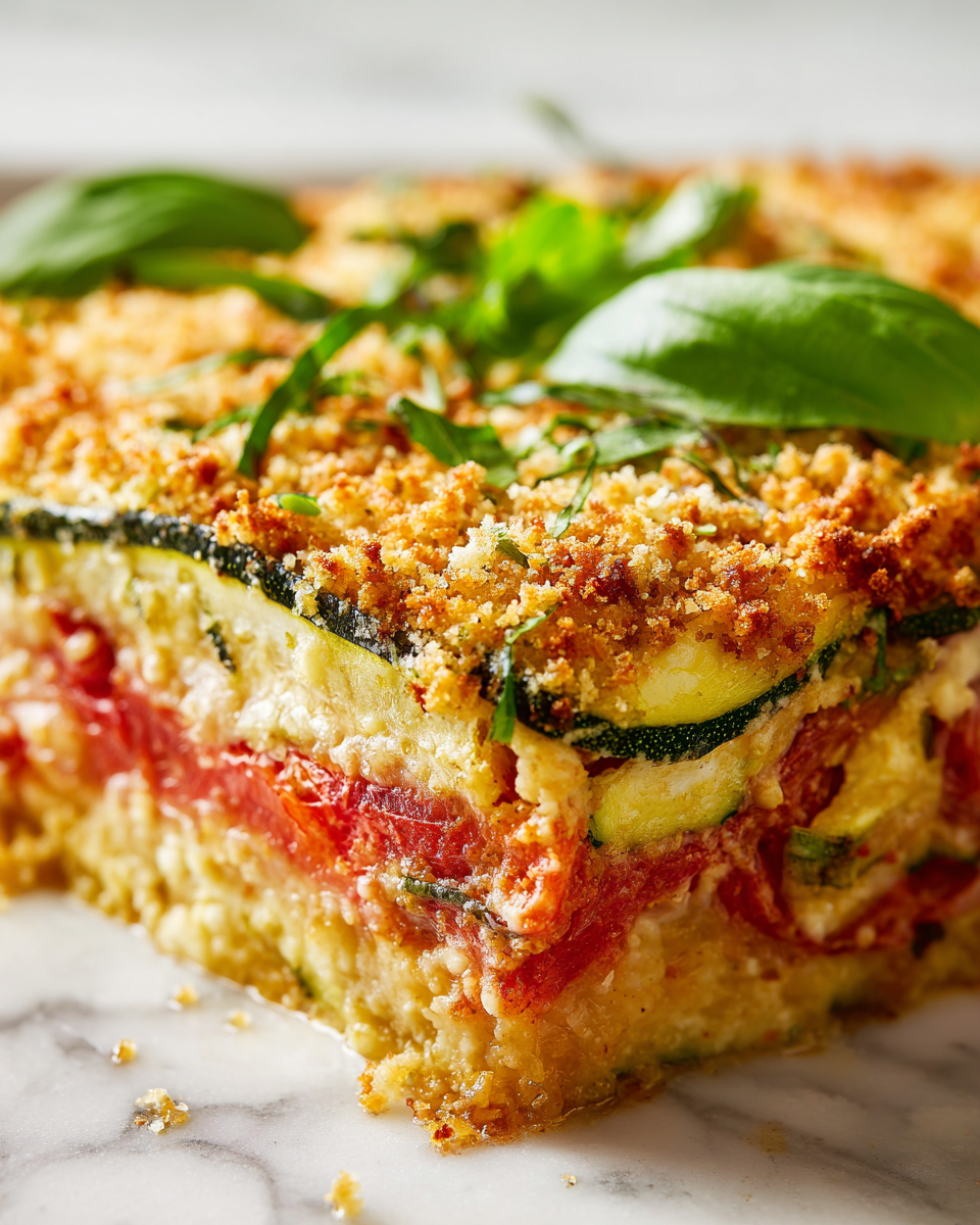 Delicious Parmesan Tomato Zucchini Bake showcasing fresh zucchini and tomatoes with a cheesy topping.