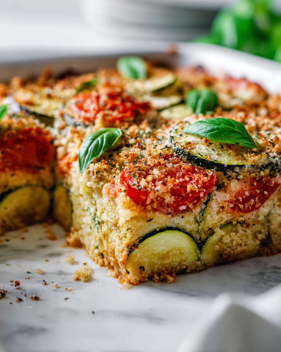 Delicious Parmesan Tomato Zucchini Bake showcasing fresh zucchini and tomatoes with a cheesy topping.