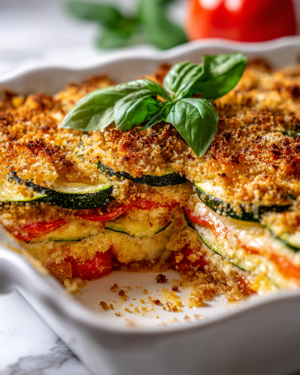 Delicious Parmesan Tomato Zucchini Bake showcasing fresh zucchini and tomatoes with a cheesy topping.