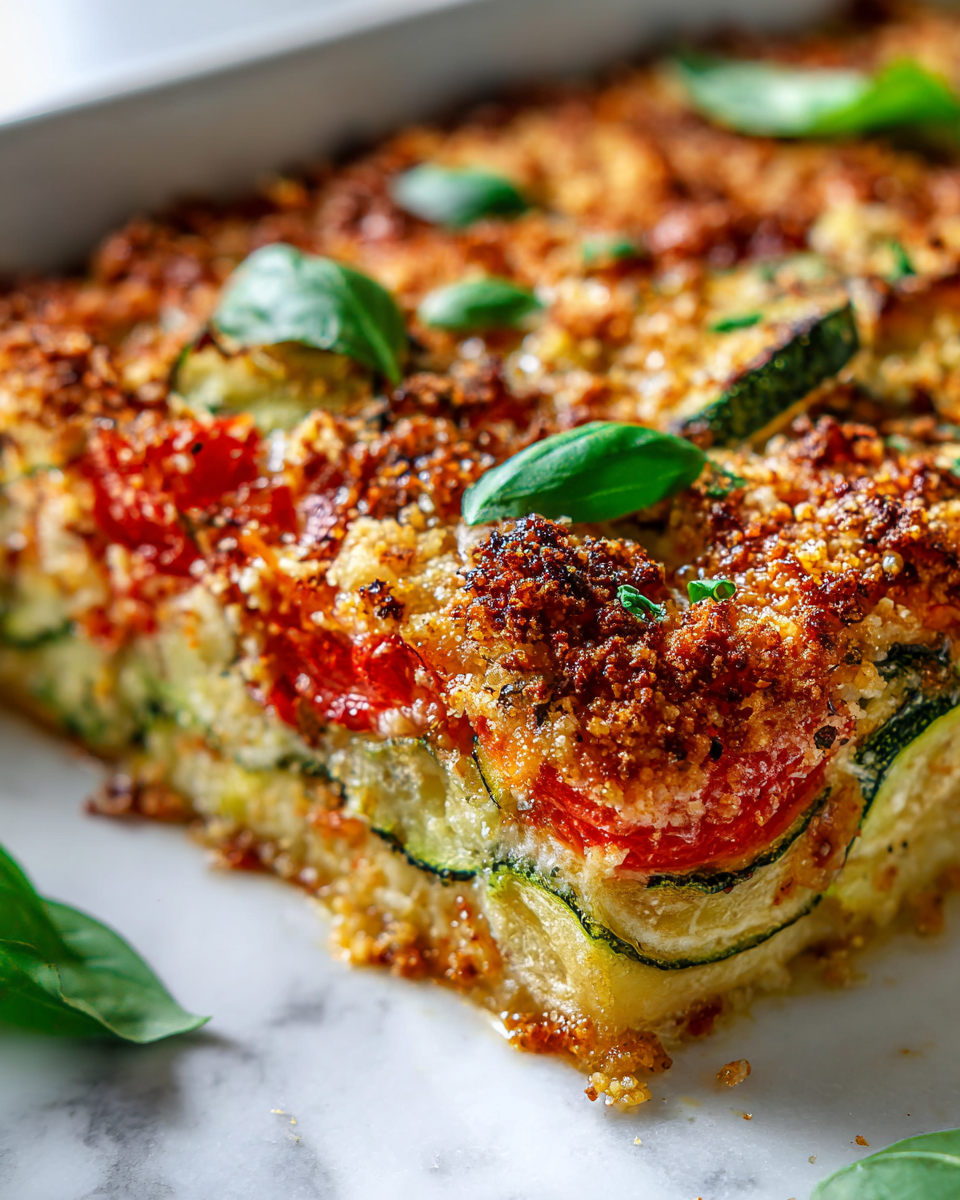 Delicious Parmesan Tomato Zucchini Bake showcasing fresh zucchini and tomatoes with a cheesy topping.