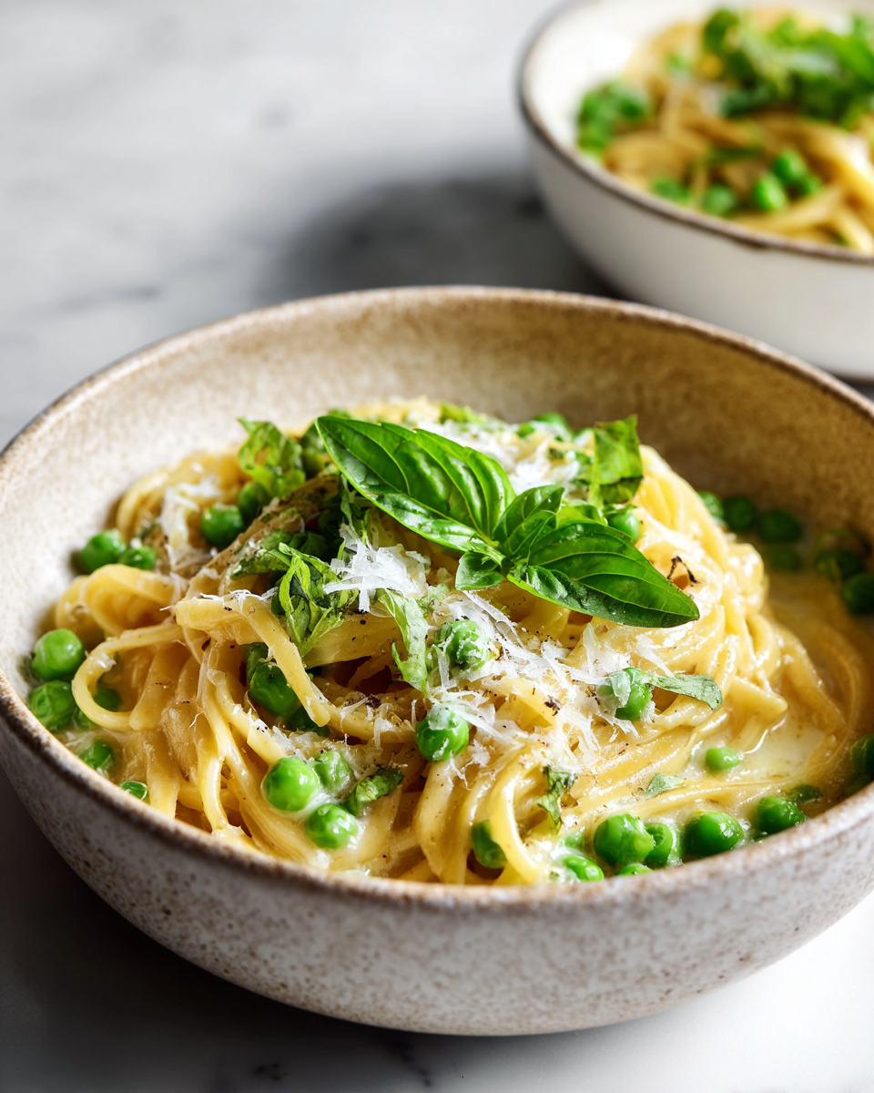 A comforting bowl of Pasta e Piselli with peas and pasta, showcasing fall flavors in a quick stovetop dish.