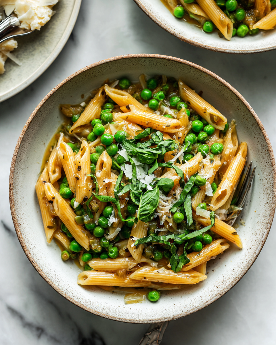 A comforting bowl of Pasta e Piselli with peas and pasta, showcasing fall flavors in a quick stovetop dish.