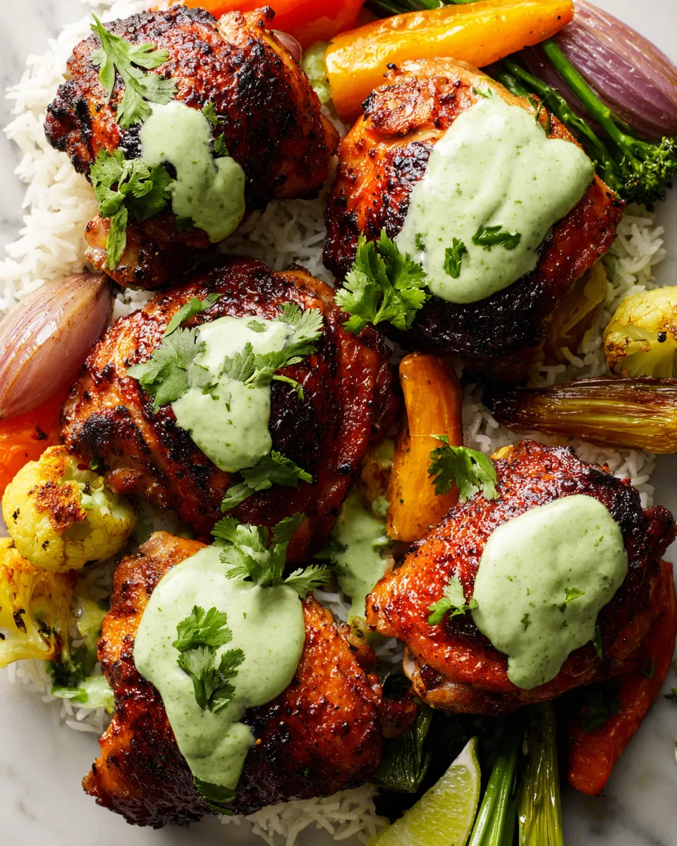 Marinated Peruvian grilled chicken thighs served with a creamy green sauce, perfect for summer BBQs and outdoor feasts.