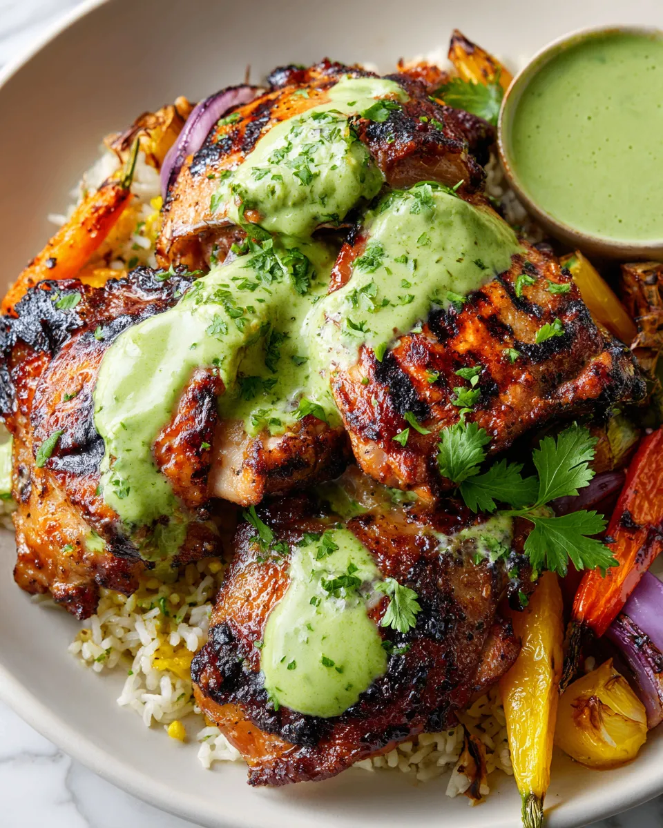 Marinated Peruvian grilled chicken thighs served with a creamy green sauce, perfect for summer BBQs and outdoor feasts.