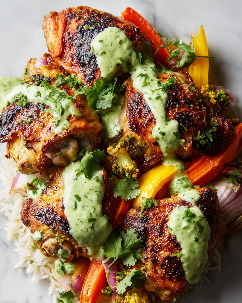 Marinated Peruvian grilled chicken thighs served with a creamy green sauce, perfect for summer BBQs and outdoor feasts.