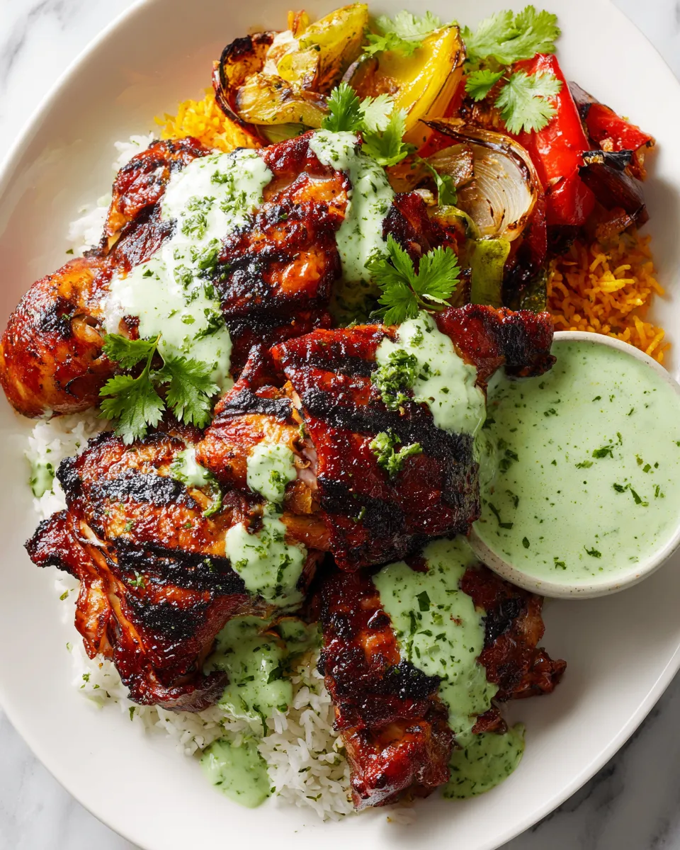 Marinated Peruvian grilled chicken thighs served with a creamy green sauce, perfect for summer BBQs and outdoor feasts.