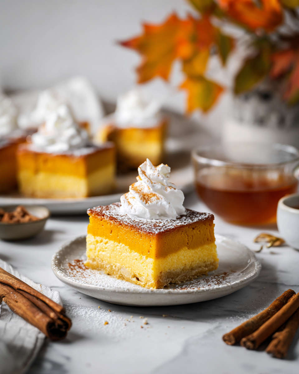 Delicious Pumpkin Magic Custard Cake with three magical layers