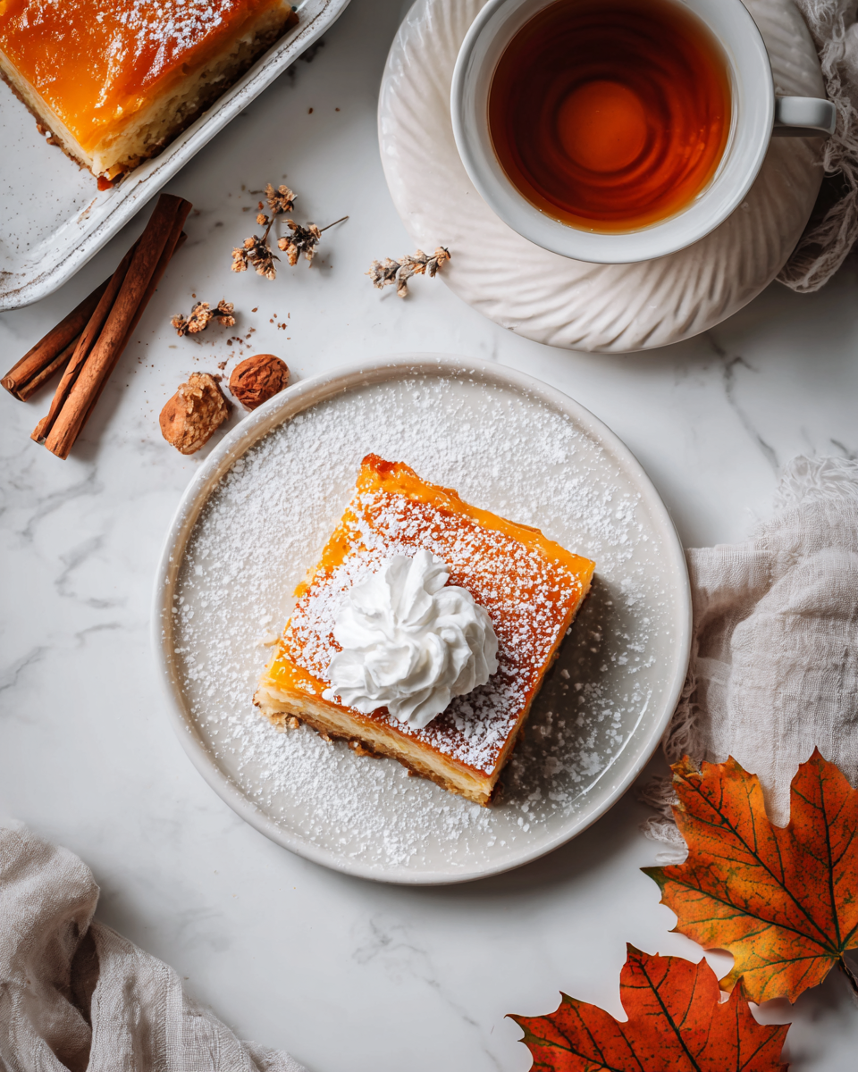 Delicious Pumpkin Magic Custard Cake with three magical layers
