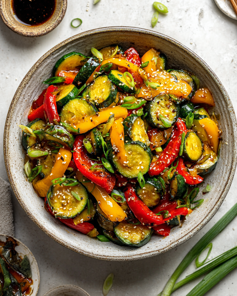 Quick zucchini stir-fry with bell peppers and garlic