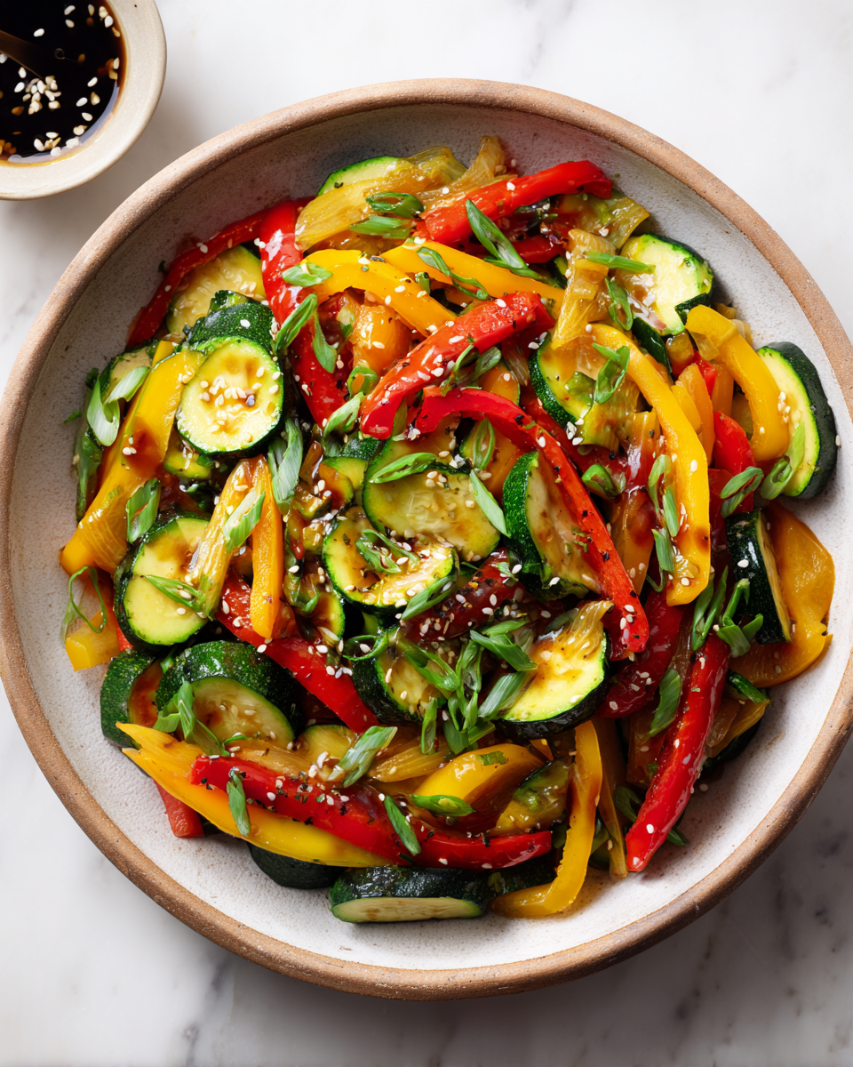 Quick zucchini stir-fry with bell peppers and garlic