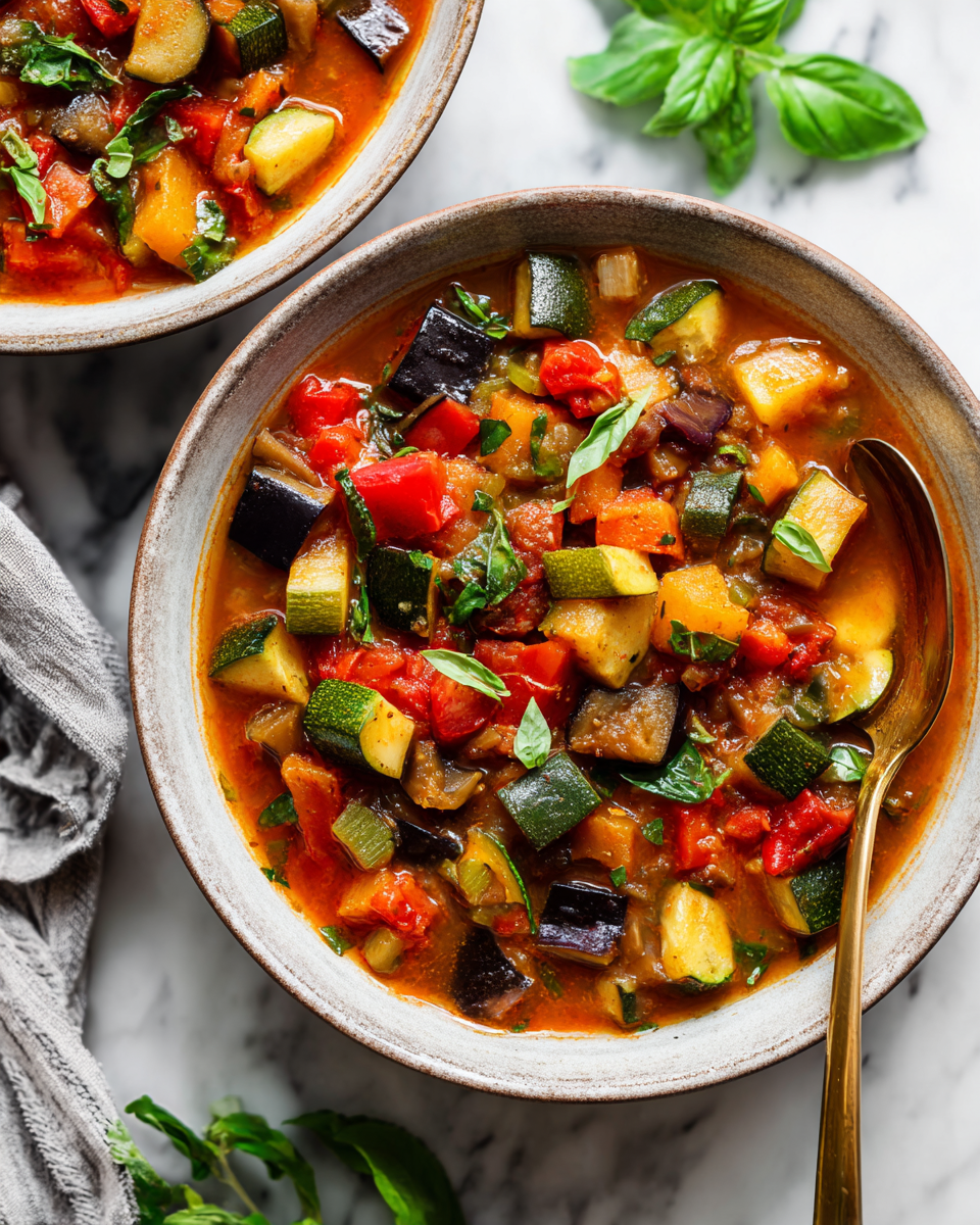 Rustic Mediterranean Vegetable Ratatouille Soup with vibrant seasonal vegetables, perfect for cozy gatherings and holiday meals.