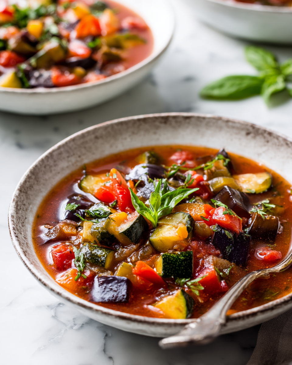Rustic Mediterranean Vegetable Ratatouille Soup with vibrant seasonal vegetables, perfect for cozy gatherings and holiday meals.