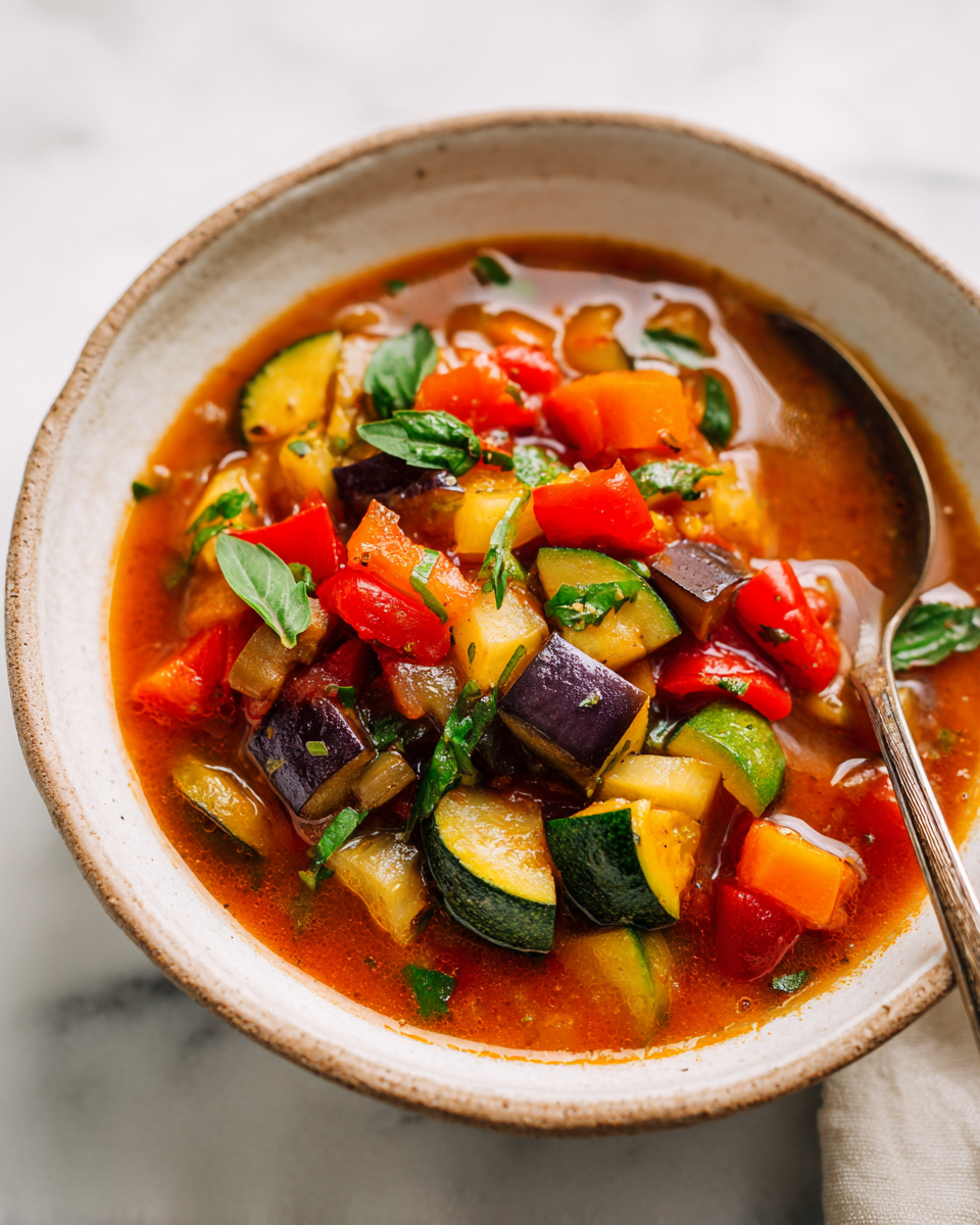 Rustic Mediterranean Vegetable Ratatouille Soup with vibrant seasonal vegetables, perfect for cozy gatherings and holiday meals.