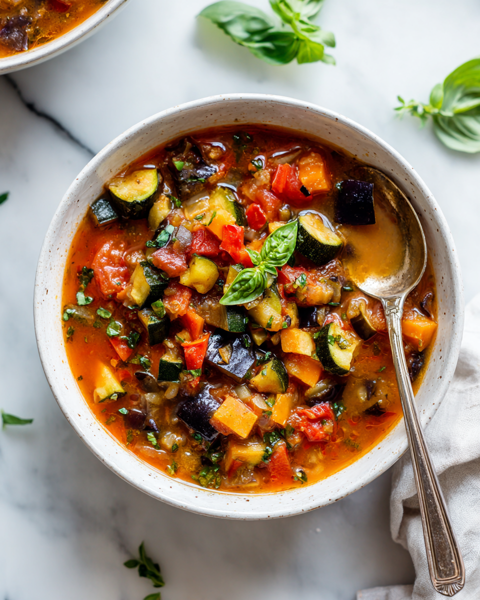 Rustic Mediterranean Vegetable Ratatouille Soup with vibrant seasonal vegetables, perfect for cozy gatherings and holiday meals.