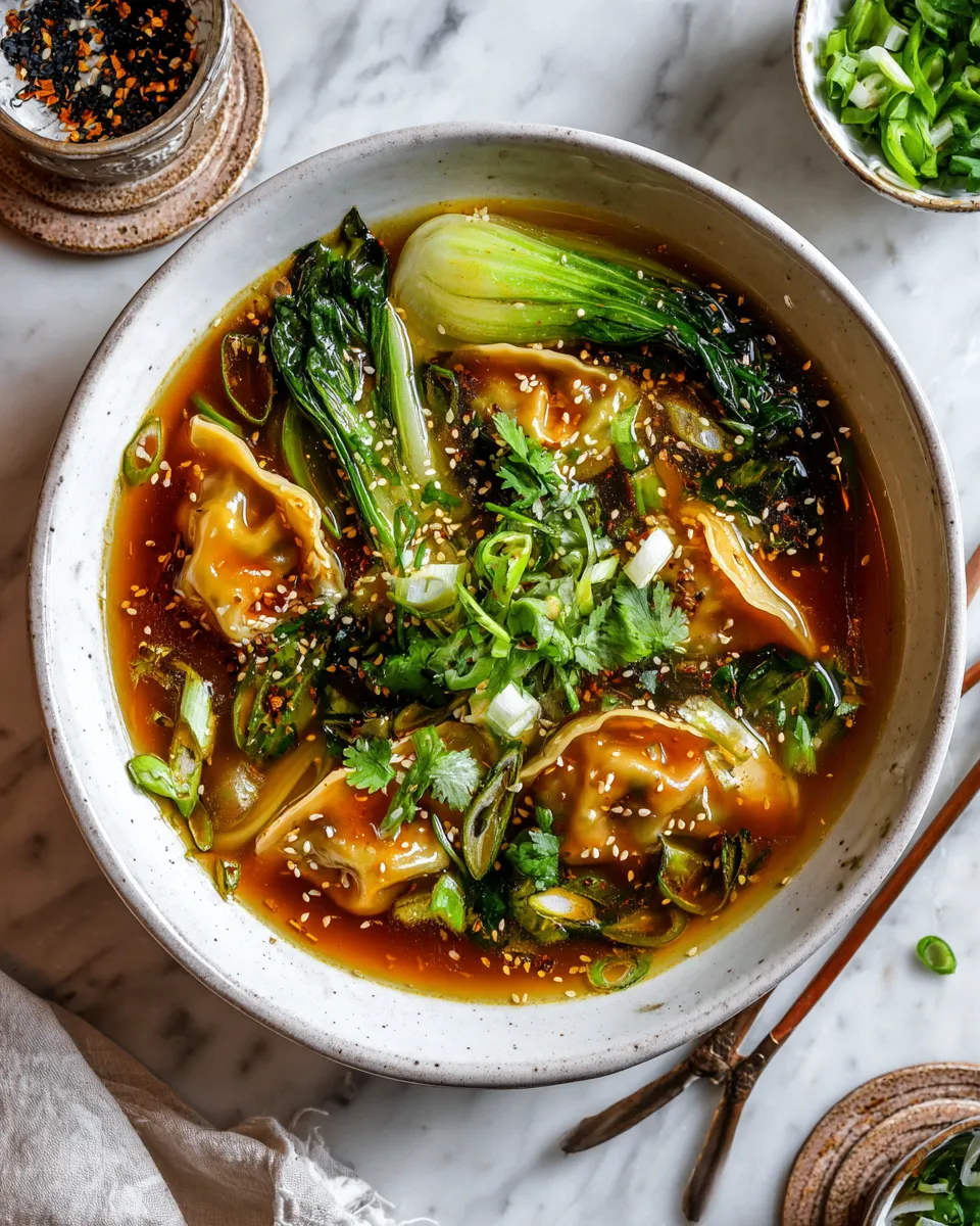 A comforting bowl of Savory Asian Potsticker Soup with dumplings, bok choy, and rich broth, perfect for winter gatherings.