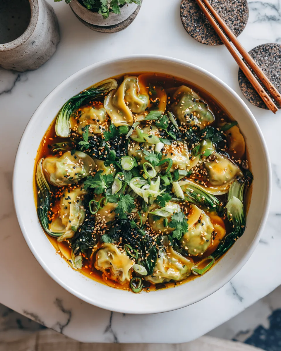 A comforting bowl of Savory Asian Potsticker Soup with dumplings, bok choy, and rich broth, perfect for winter gatherings.