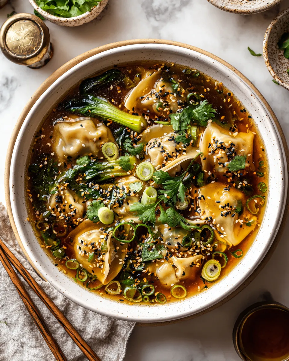 A comforting bowl of Savory Asian Potsticker Soup with dumplings, bok choy, and rich broth, perfect for winter gatherings.