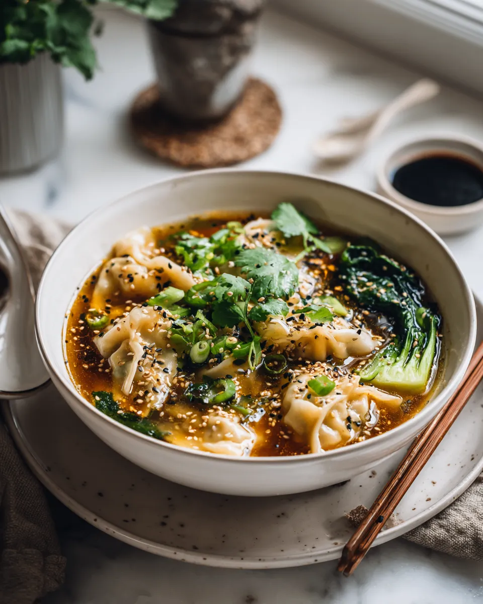 A comforting bowl of Savory Asian Potsticker Soup with dumplings, bok choy, and rich broth, perfect for winter gatherings.