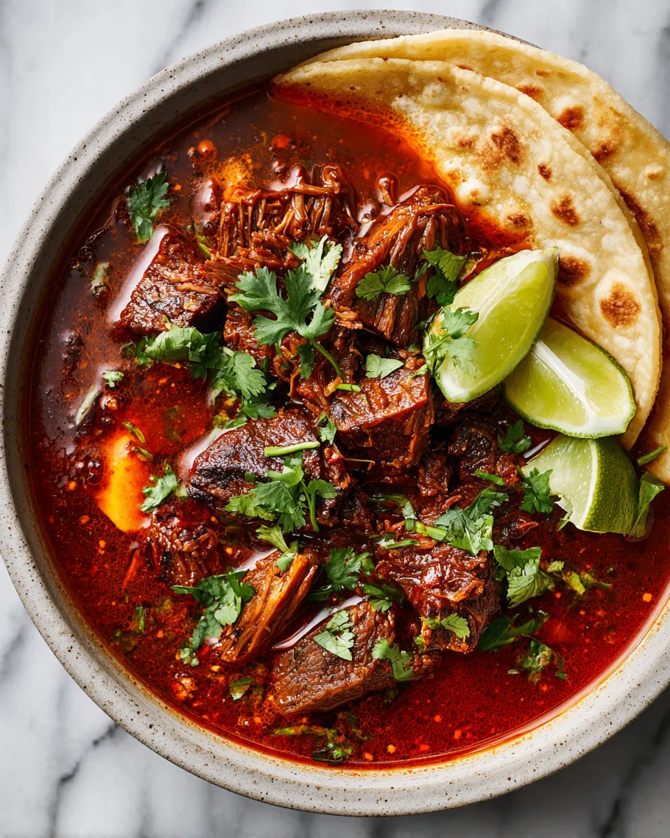 Slow-Cooked Spicy Mexican Birria with tender beef and vibrant spices - a delicious holiday dish.