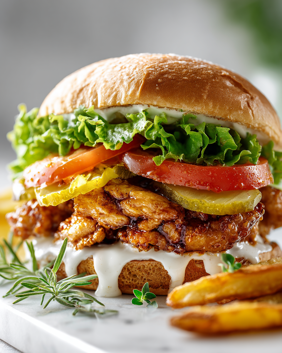 Homemade spicy chicken sandwich with crispy fried chicken, fresh toppings, and a dollop of spicy sauce, ideal for autumn gatherings and comfort food lovers.