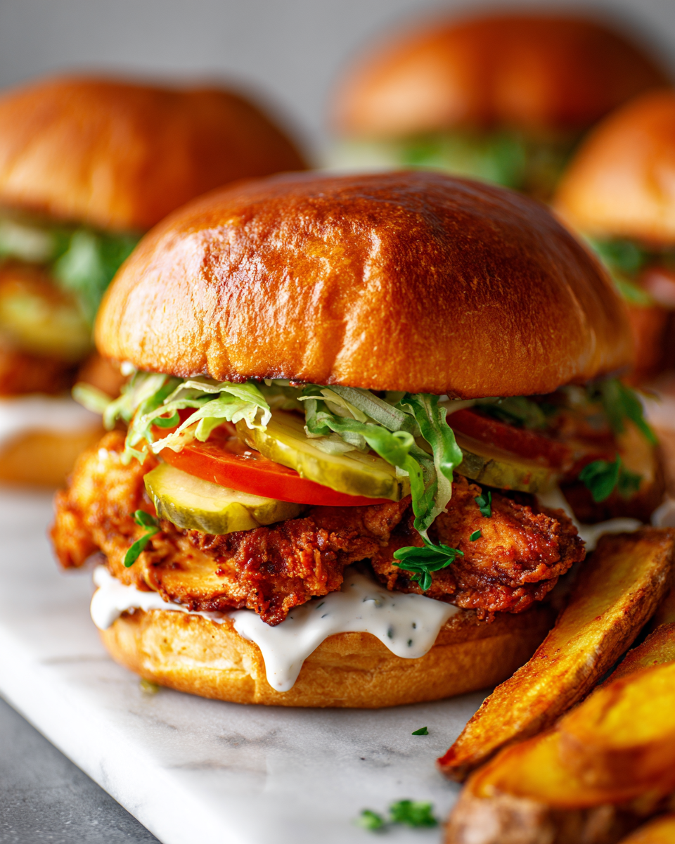 Homemade spicy chicken sandwich with crispy fried chicken, fresh toppings, and a dollop of spicy sauce, ideal for autumn gatherings and comfort food lovers.