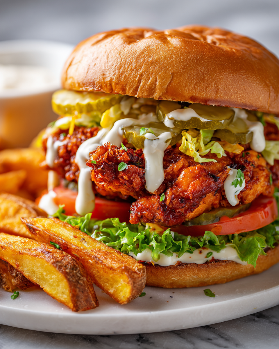 Homemade spicy chicken sandwich with crispy fried chicken, fresh toppings, and a dollop of spicy sauce, ideal for autumn gatherings and comfort food lovers.