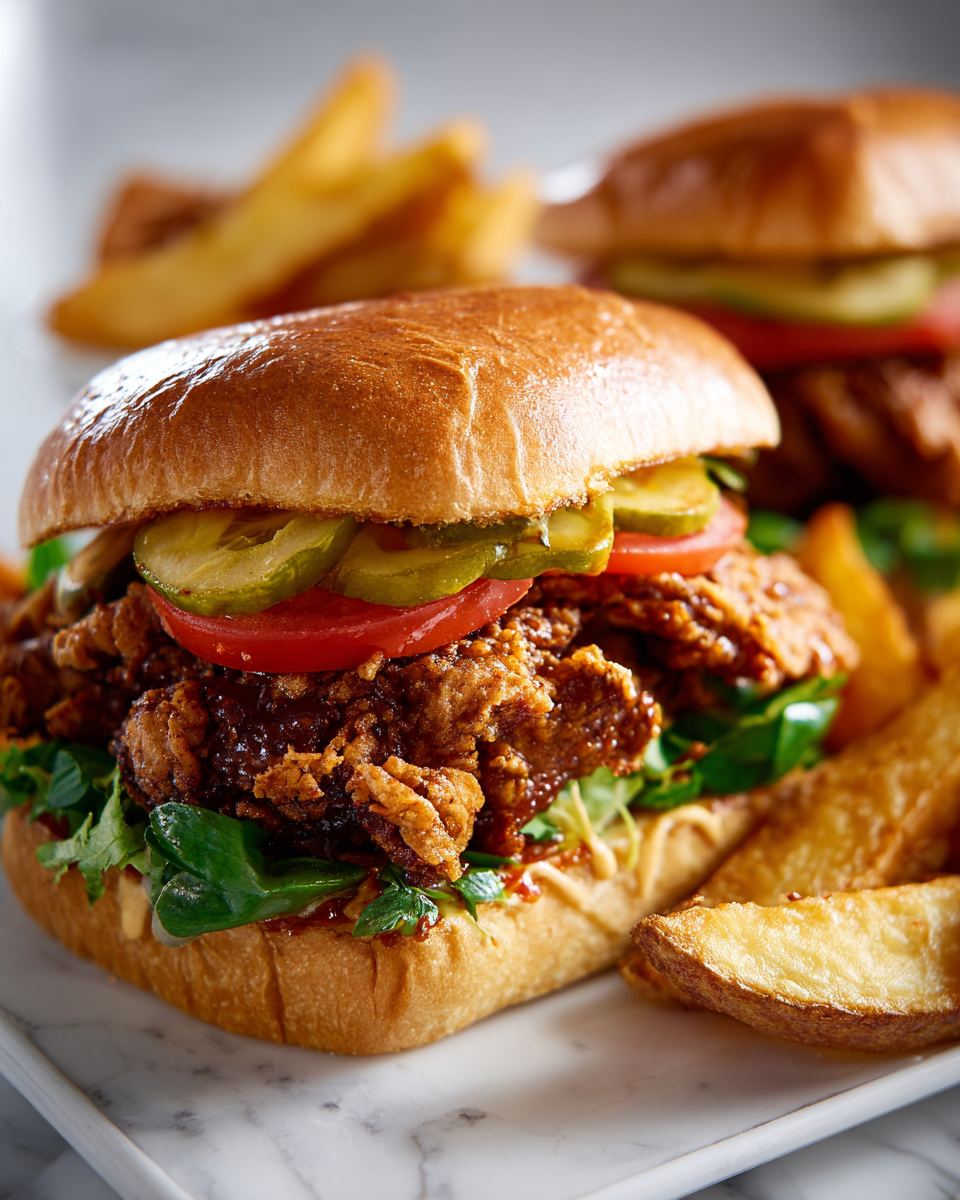 Homemade spicy chicken sandwich with crispy fried chicken, fresh toppings, and a dollop of spicy sauce, ideal for autumn gatherings and comfort food lovers.