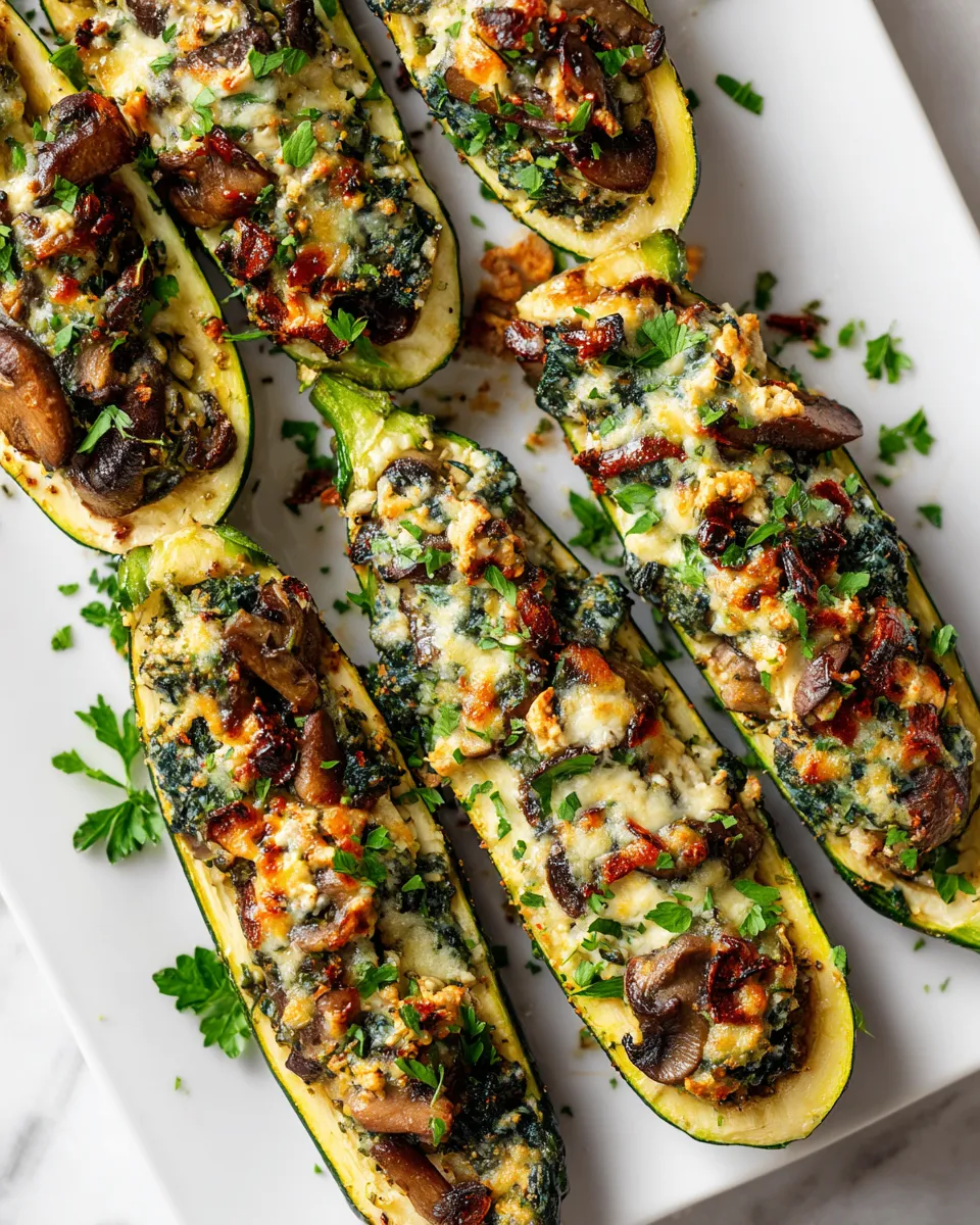 Spinach, Mushroom, and Ricotta Stuffed Zucchini Boats, a healthy and delicious holiday recipe, visually stunning and easy to prepare.