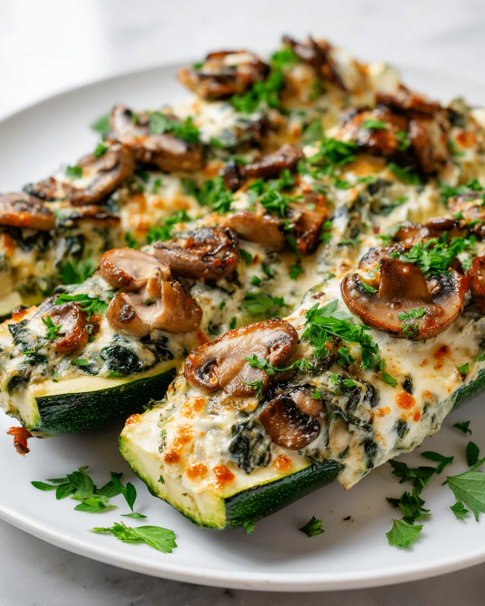 Spinach, Mushroom, and Ricotta Stuffed Zucchini Boats, a healthy and delicious holiday recipe, visually stunning and easy to prepare.