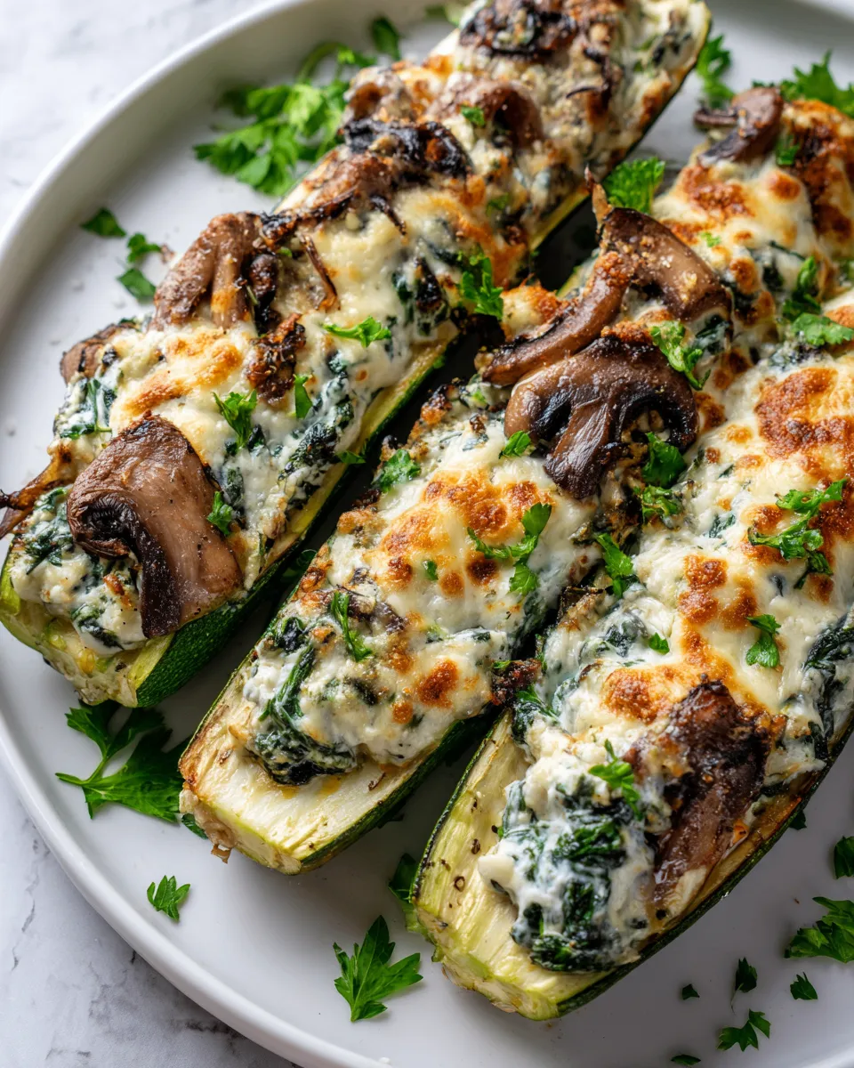 Spinach, Mushroom, and Ricotta Stuffed Zucchini Boats, a healthy and delicious holiday recipe, visually stunning and easy to prepare.
