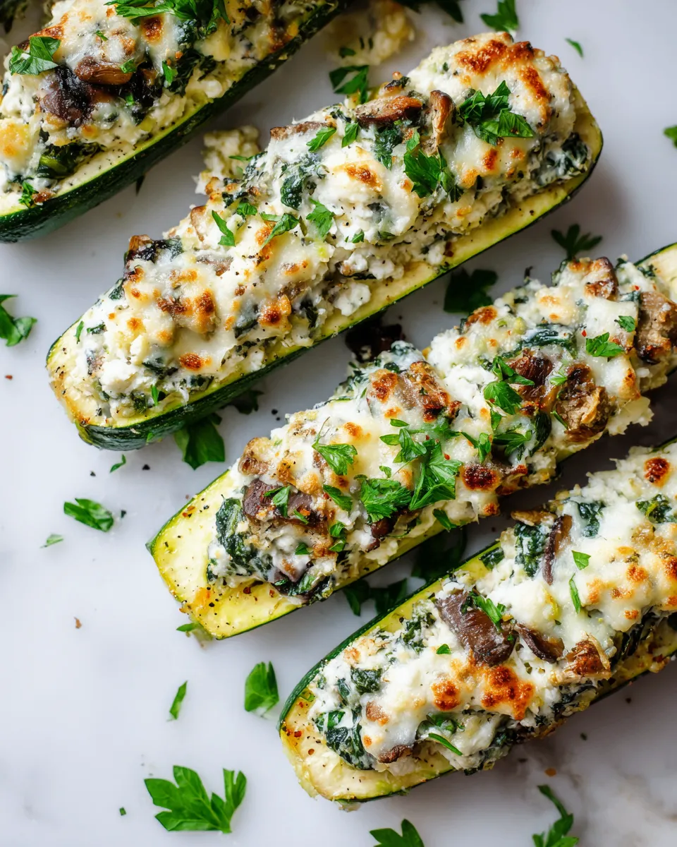 Spinach, Mushroom, and Ricotta Stuffed Zucchini Boats, a healthy and delicious holiday recipe, visually stunning and easy to prepare.