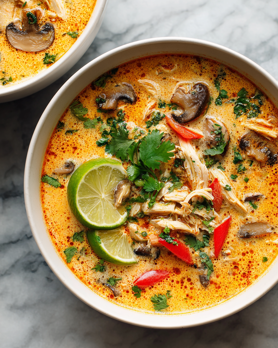 Warm Up with Thai Coconut Chicken Soup A bowl of Thai Coconut Chicken Soup filled with chicken, mushrooms, and vibrant vegetables, perfect for cold days and holiday meals.
