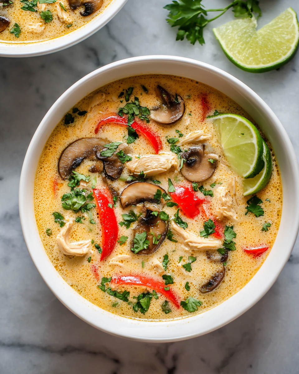 Warm Up with Thai Coconut Chicken Soup A bowl of Thai Coconut Chicken Soup filled with chicken, mushrooms, and vibrant vegetables, perfect for cold days and holiday meals.