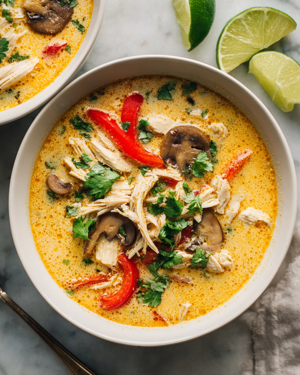 Warm Up with Thai Coconut Chicken Soup A bowl of Thai Coconut Chicken Soup filled with chicken, mushrooms, and vibrant vegetables, perfect for cold days and holiday meals.