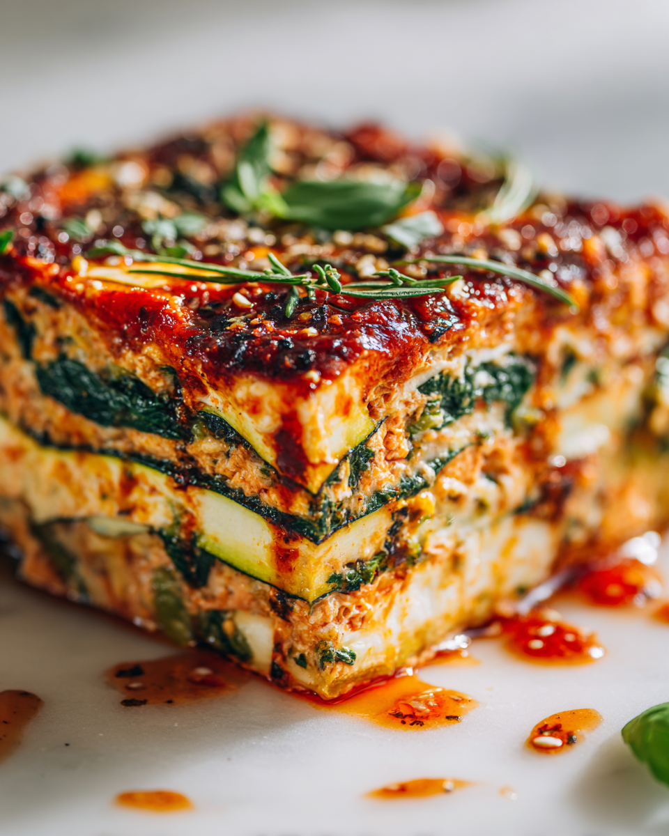 Delicious vegan zucchini lasagna with tofu filling and marinara sauce, perfect for fall gatherings.