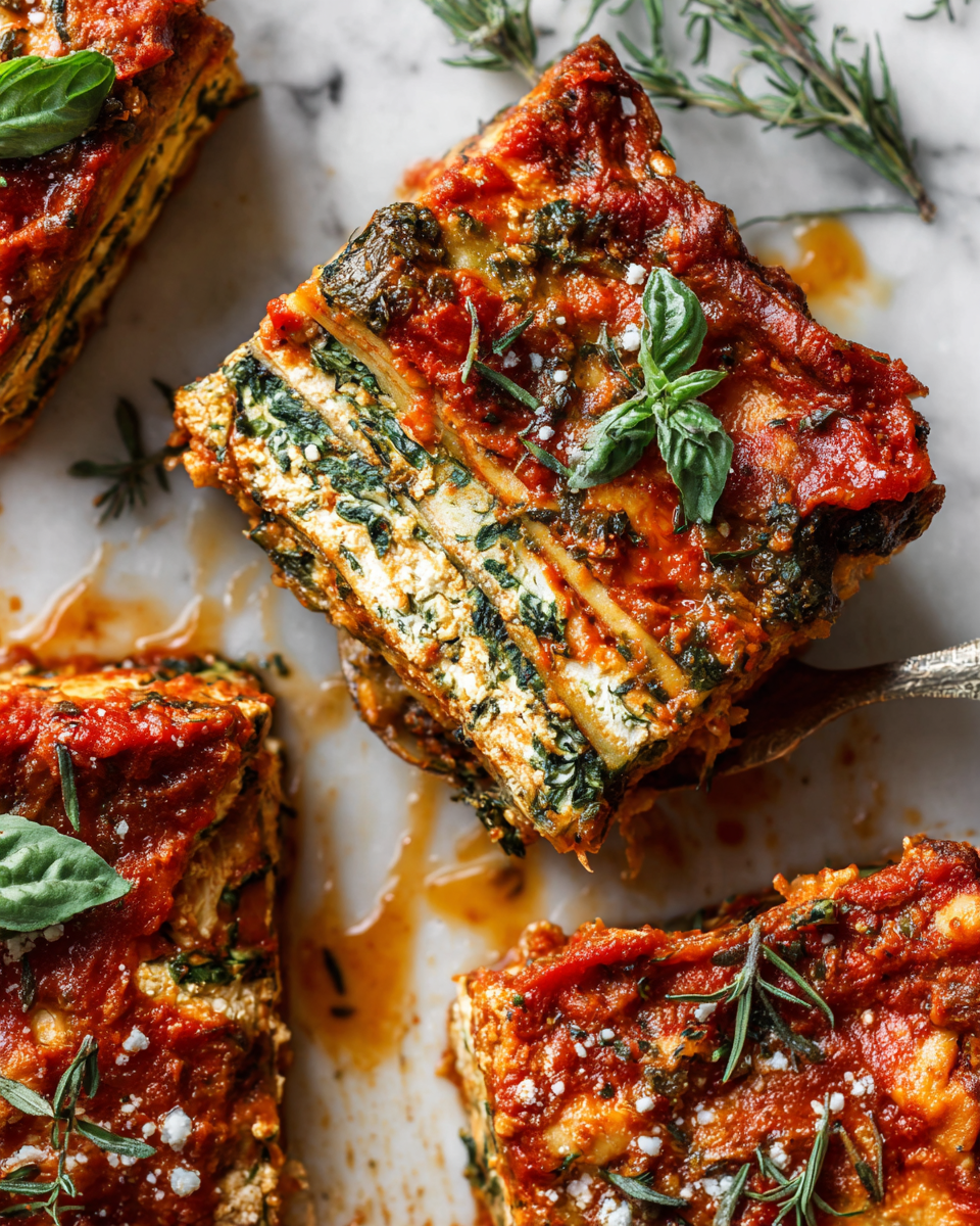 Delicious vegan zucchini lasagna with tofu filling and marinara sauce, perfect for fall gatherings.