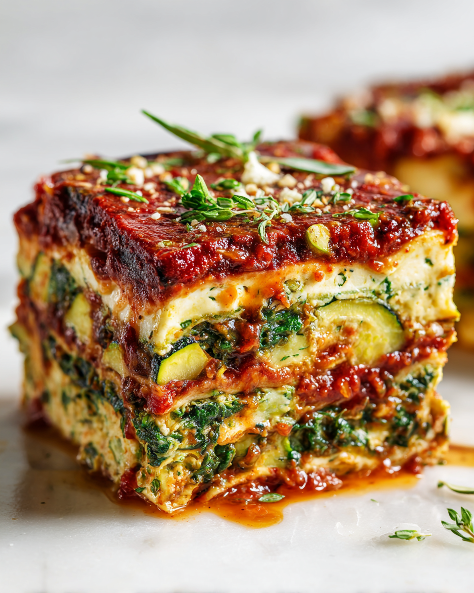 Delicious vegan zucchini lasagna with tofu filling and marinara sauce, perfect for fall gatherings.