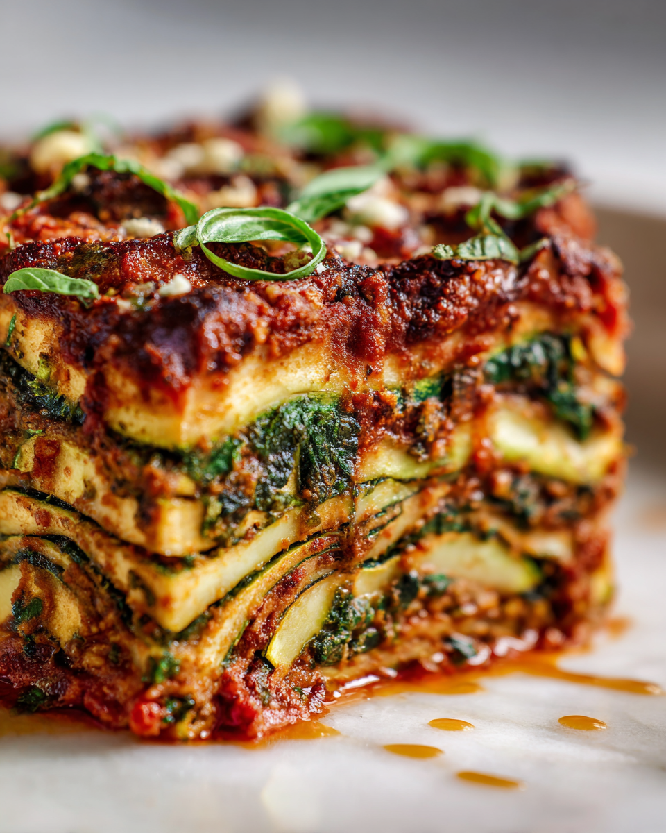 Delicious vegan zucchini lasagna with tofu filling and marinara sauce, perfect for fall gatherings.