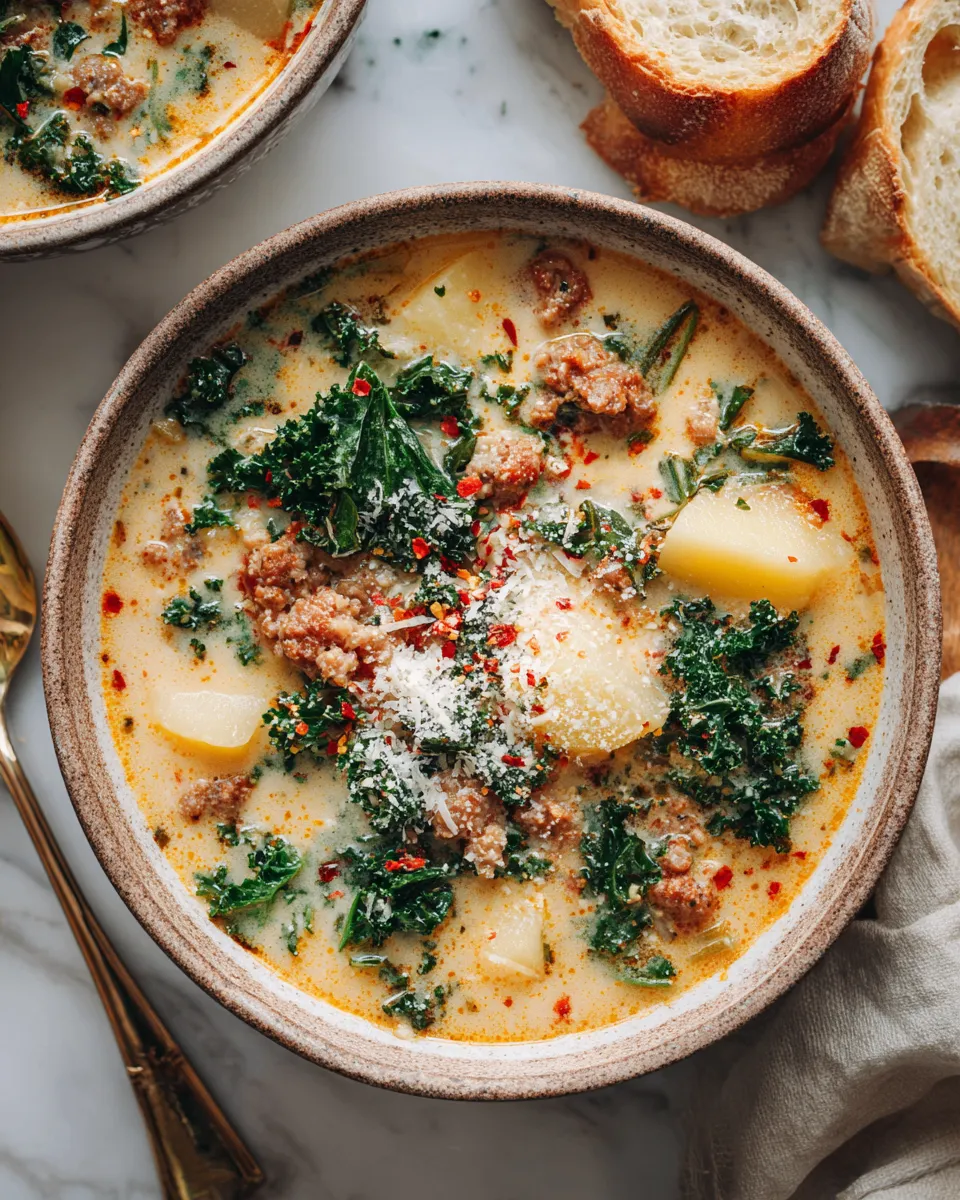 Creamy Zuppa Toscana soup with Italian sausage, potatoes, and kale, ideal for warm gatherings.