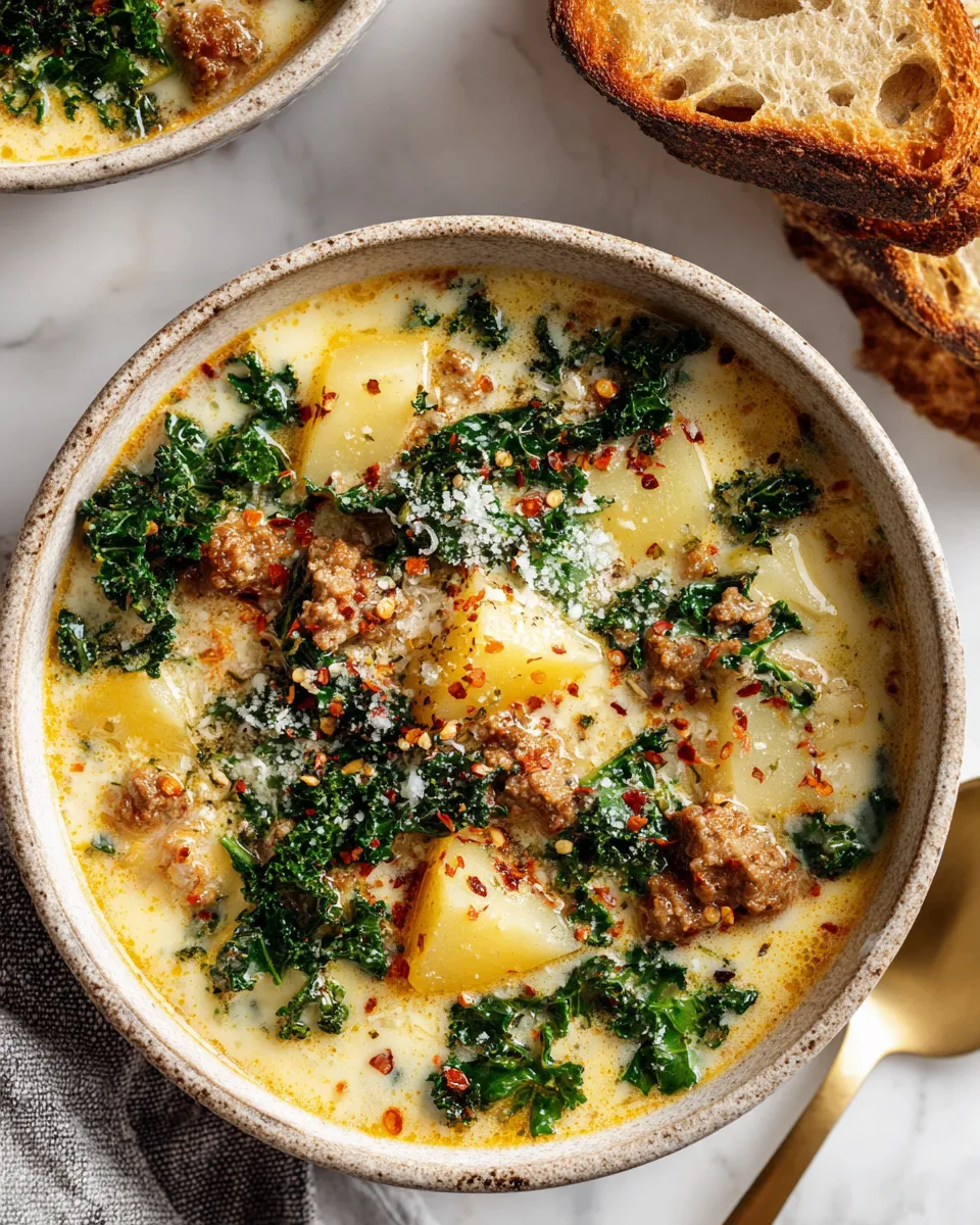 Creamy Zuppa Toscana soup with Italian sausage, potatoes, and kale, ideal for warm gatherings.
