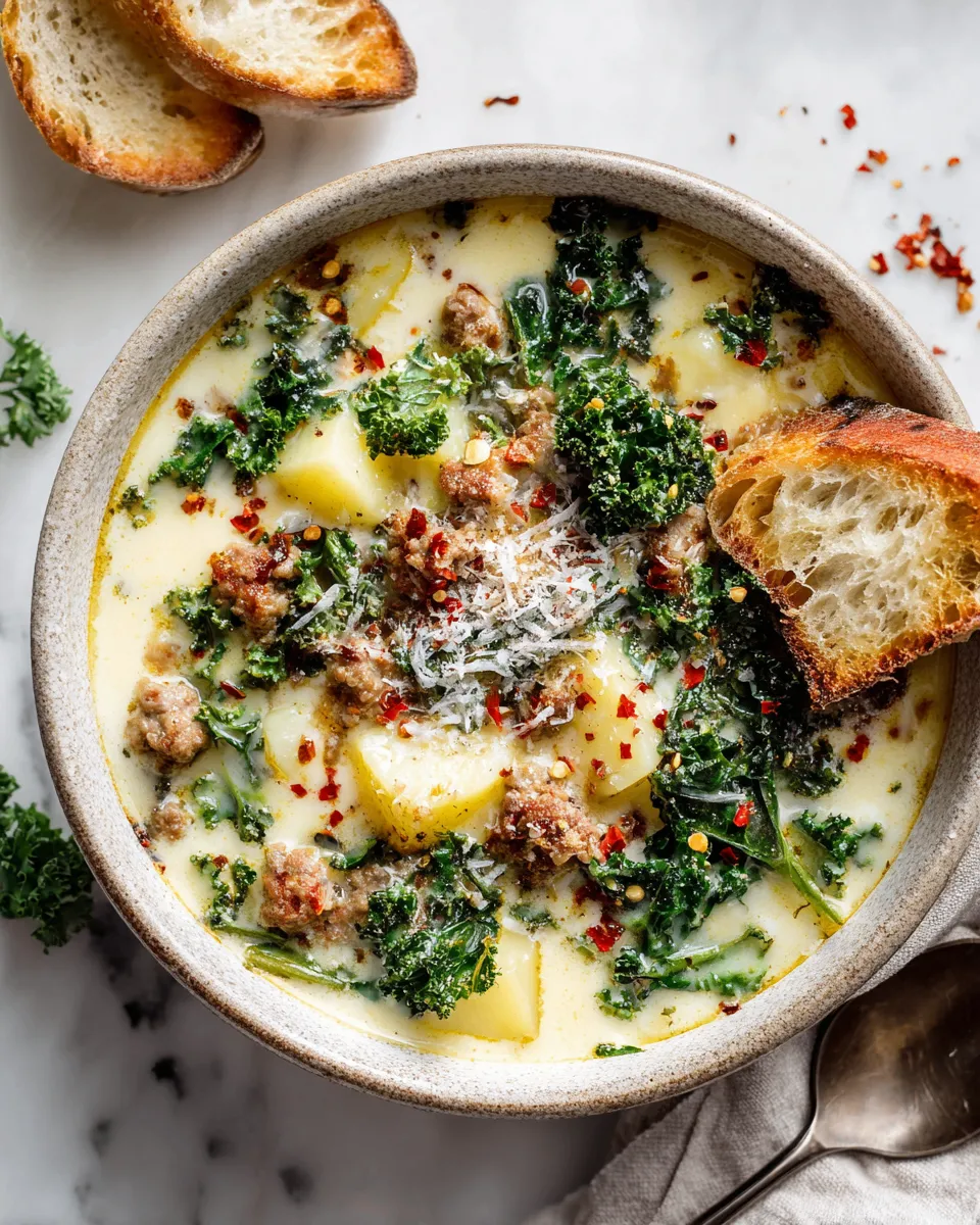Creamy Zuppa Toscana soup with Italian sausage, potatoes, and kale, ideal for warm gatherings.